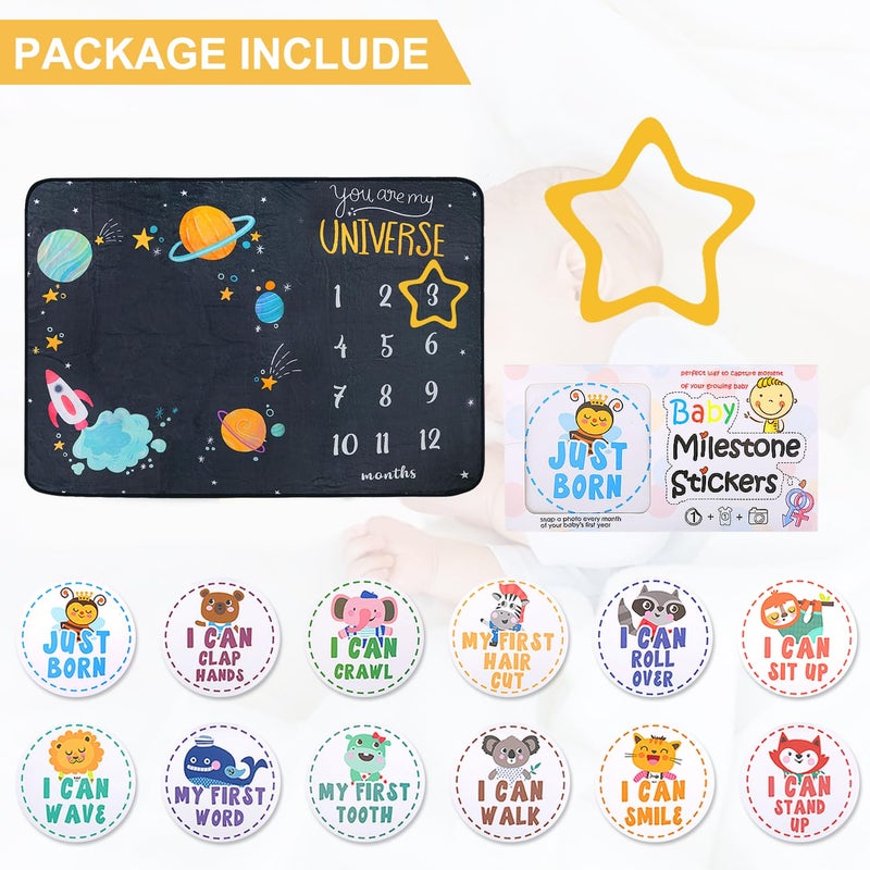 ComboJoy Baby Milestone Blanket - Cute Space Design Monthly Milestone Blanket for Baby Boy and Girl, Soft and Thick Flannel Material Wrapped with Milestone Stickers - Image 4
